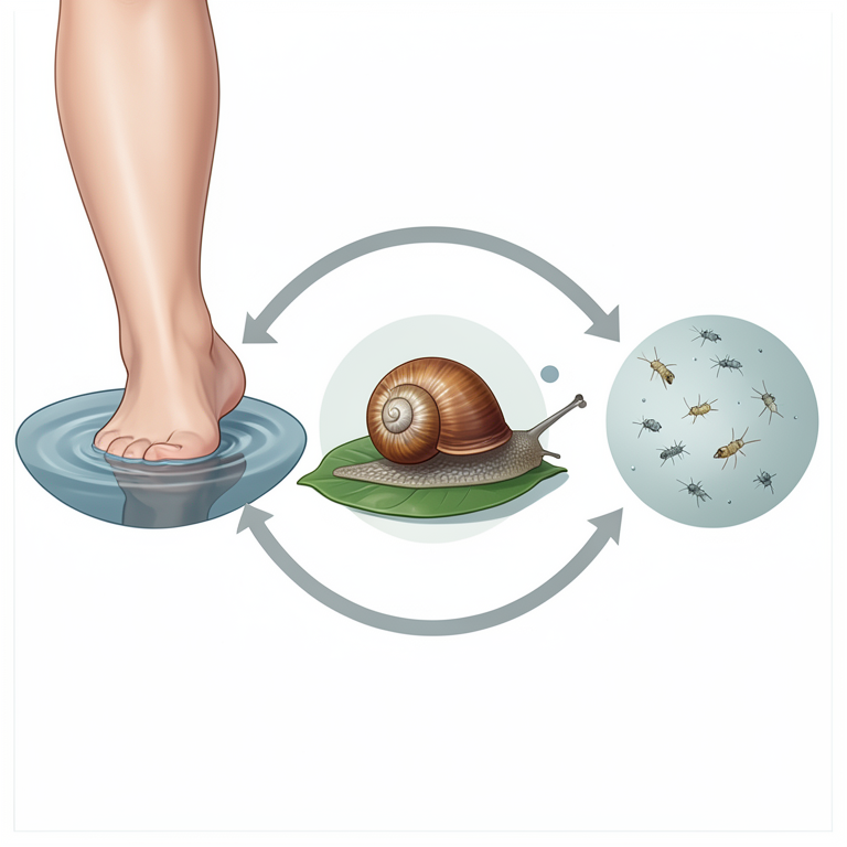 AI-generated conceptual illustration (Bulinus globosus snails and human skin). It explains the idea and does not show study data.
