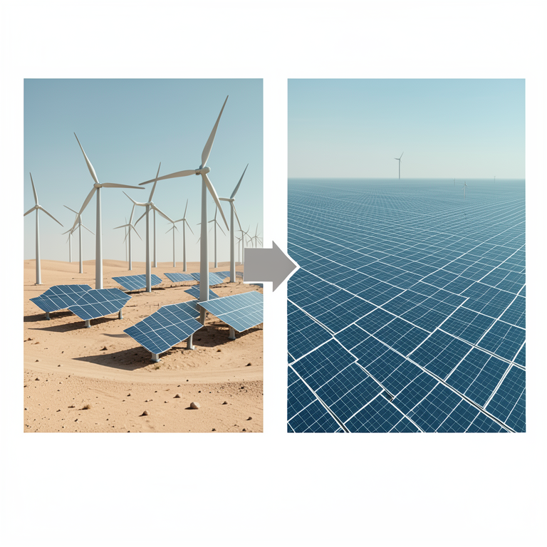 AI-generated conceptual illustration (Solar panels and wind turbines in the Rajasthan desert landscape). It explains the idea and does not show study data.