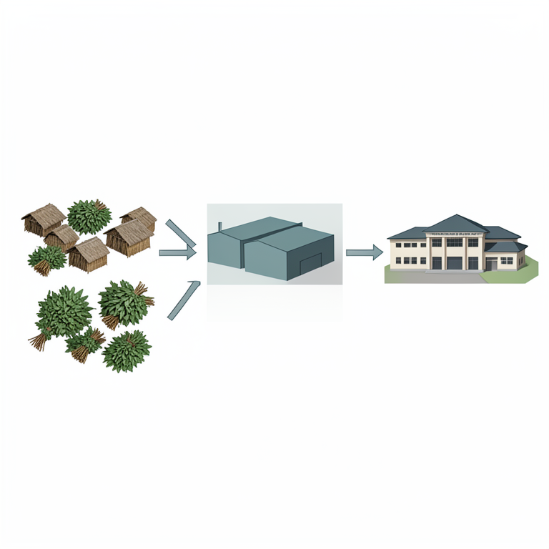 AI-generated conceptual illustration (Tendu leaves (Diospyros melanoxylon) and rural collection centers in a forest setting). It explains the idea and does not show study data.