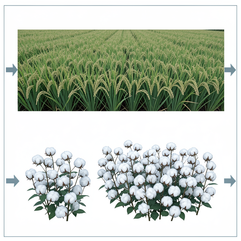 AI-generated conceptual illustration (Rice and cotton plants in agricultural fields). It explains the idea and does not show study data.