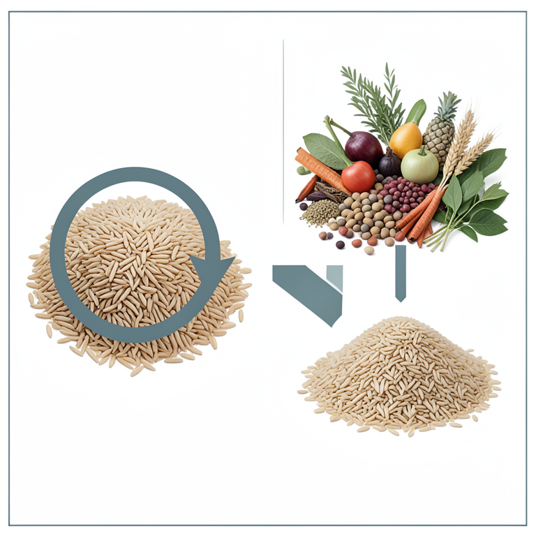 AI-generated conceptual illustration (Basmati rice grains and a diverse assortment of Indian agricultural crops). It explains the idea and does not show study data.