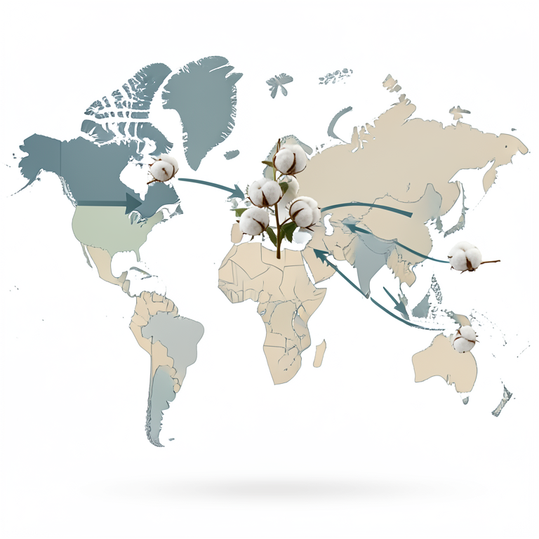 AI-generated conceptual illustration (Cotton plants (Gossypium hirsutum) and a world map). It explains the idea and does not show study data.