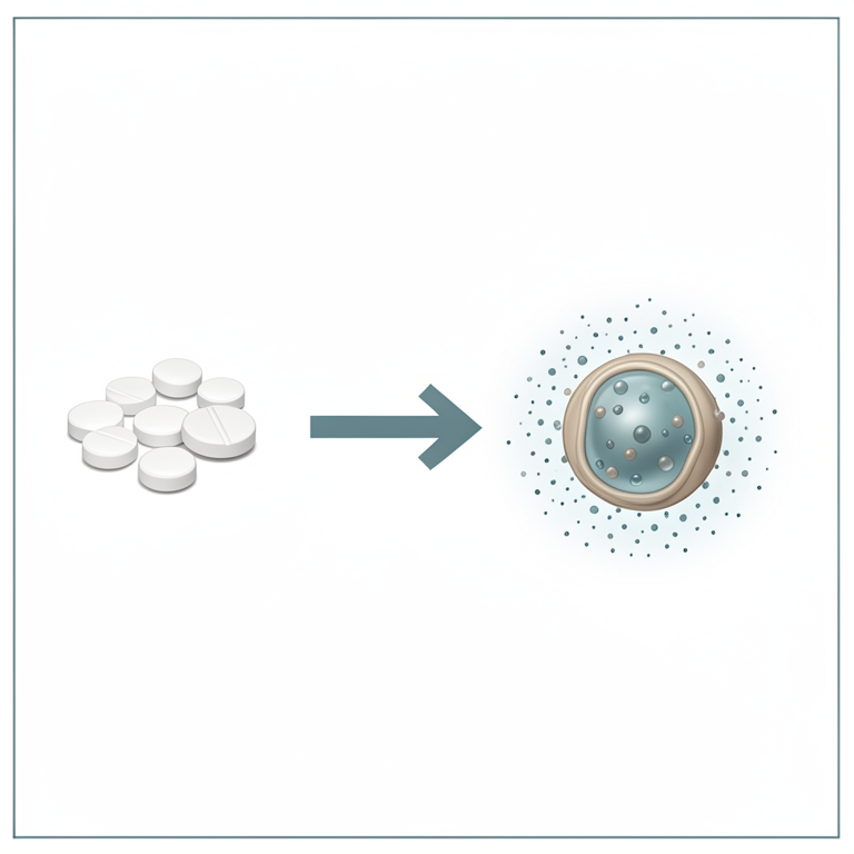 AI-generated conceptual illustration (metformin hydrochloride solid lipid nanoparticles). It explains the idea and does not show study data.