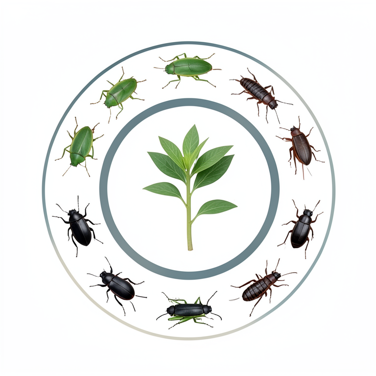 AI-generated conceptual illustration (Korarima plants (Aframomum corrorima) and various insect pests including stink bugs, thrips, leaf beetles, grasshoppers,). It explains the idea and does not show study data.
