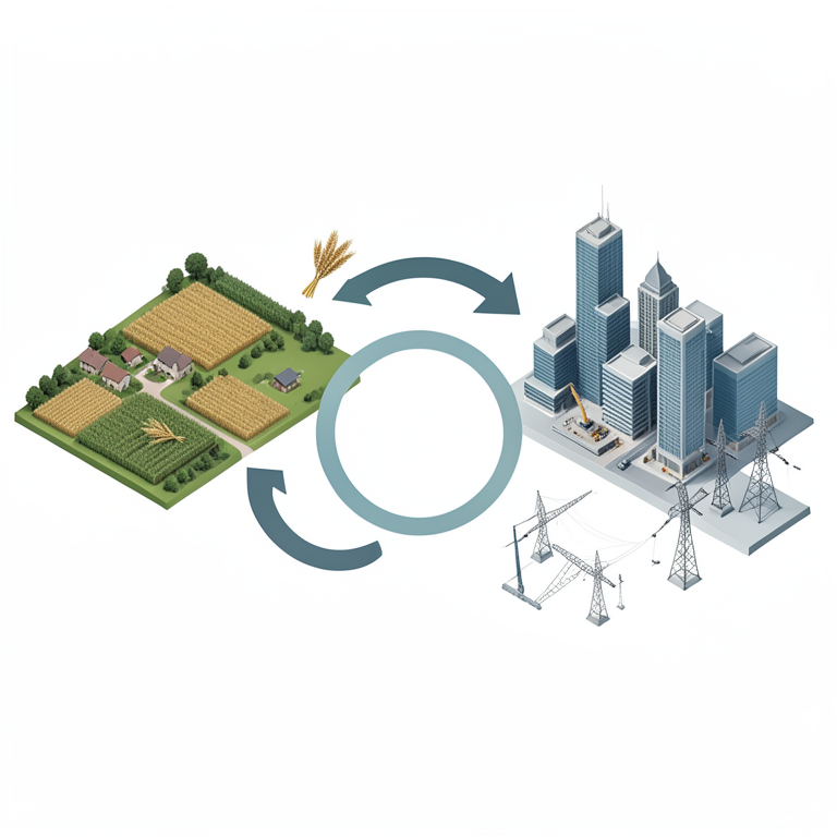 AI-generated conceptual illustration (A rural village and a modern city). It explains the idea and does not show study data.