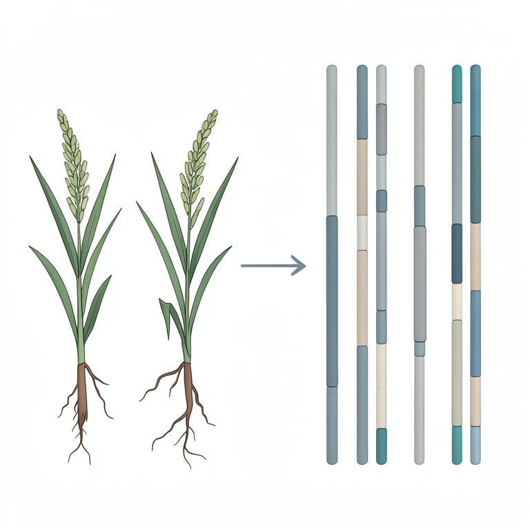 AI-generated conceptual illustration (Oryza sativa (rice plants) and chromosomes). It explains the idea and does not show study data.