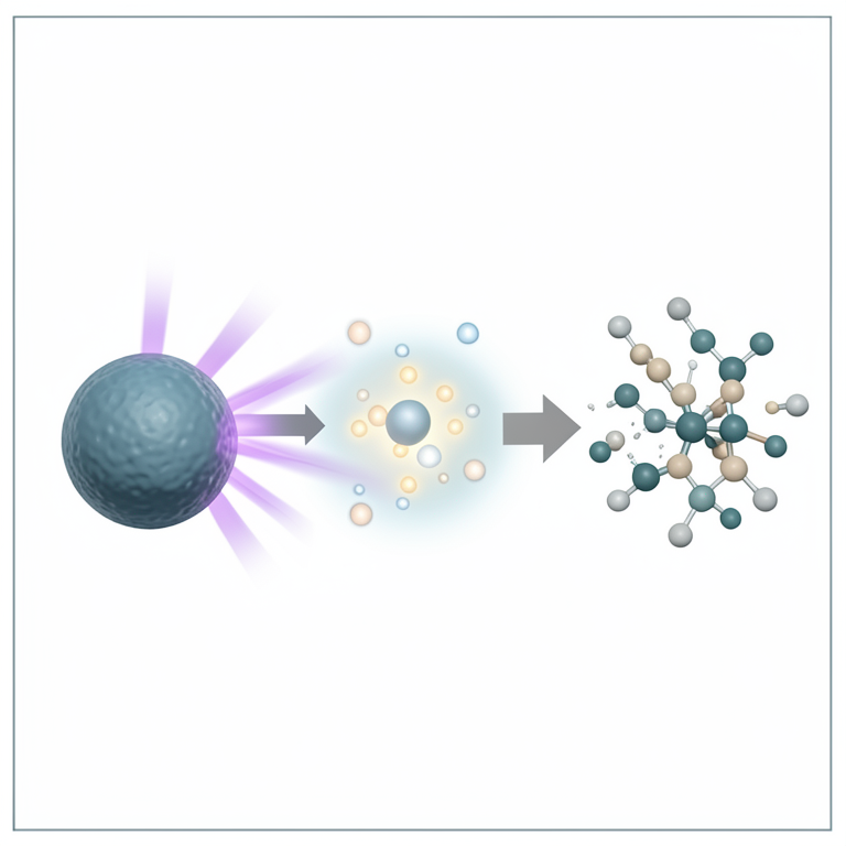 AI-generated conceptual illustration (nano-sized titanium dioxide particles and organic pollutant molecules in water). It explains the idea and does not show study data.