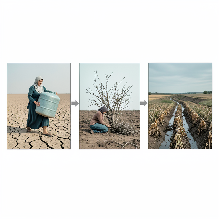 AI-generated conceptual illustration (Rural women in a drought-stricken agricultural landscape). It explains the idea and does not show study data.