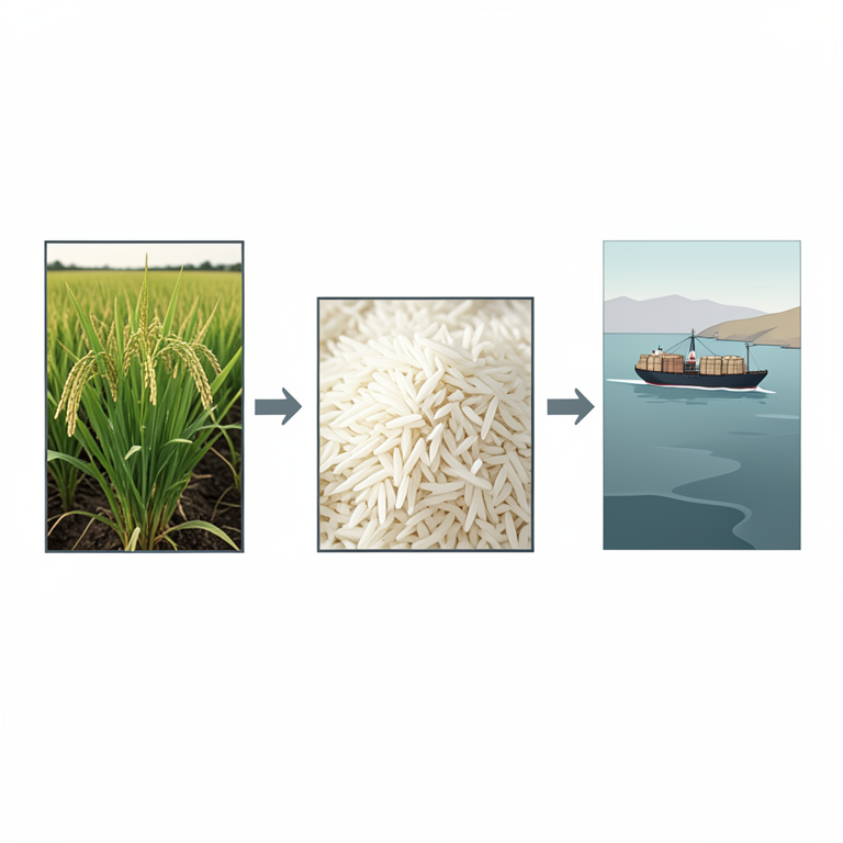 AI-generated conceptual illustration (Basmati rice plants and grains in an Indian agricultural setting). It explains the idea and does not show study data.