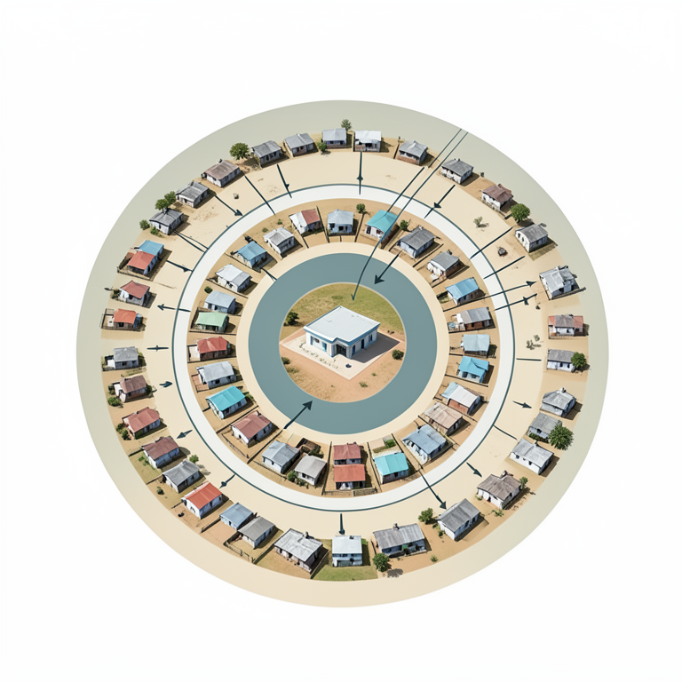 AI-generated conceptual illustration (A rural landscape in the Northern Cape province featuring a small medical clinic and scattered residential dwellings). It explains the idea and does not show study data.