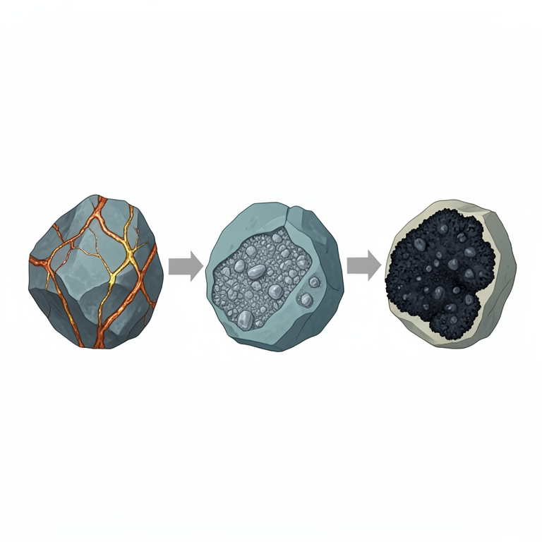 AI-generated conceptual illustration (geological rock samples from the Troodos ophiolite belt). It explains the idea and does not show study data.