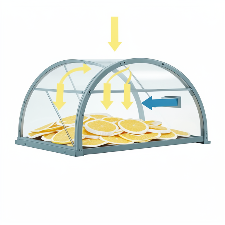 AI-generated conceptual illustration (tunnel solar dryer with yellow and white fruit leather slices). It explains the idea and does not show study data.