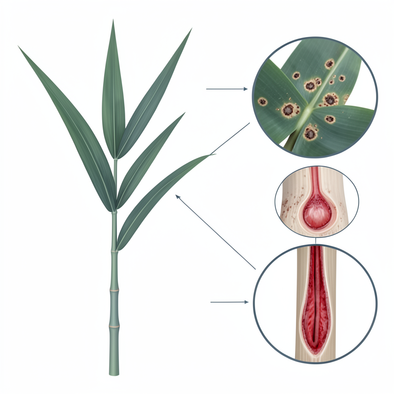 AI-generated conceptual illustration (Sugarcane plants (Saccharum officinarum) and Colletotrichum falcatum fungus). It explains the idea and does not show study data.