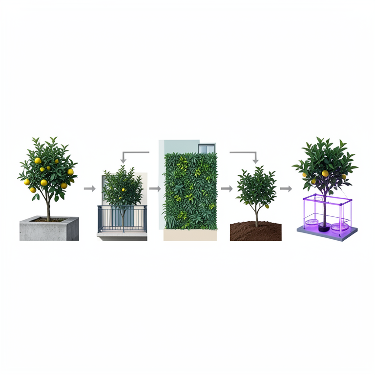 AI-generated conceptual illustration (citrus plants in urban settings). It explains the idea and does not show study data.