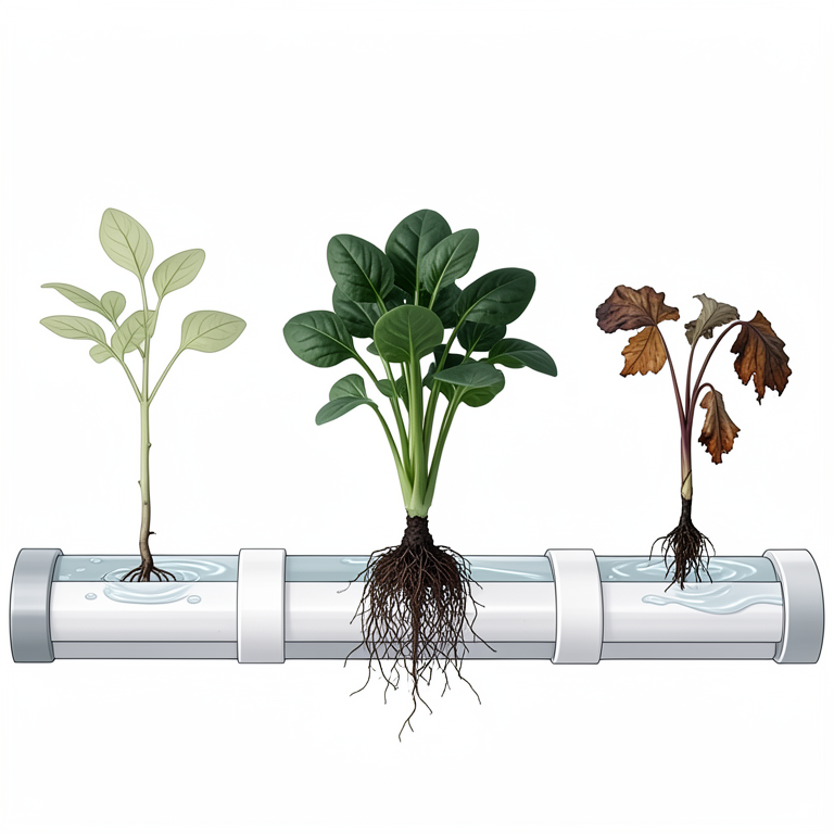 AI-generated conceptual illustration (spinach plants (Spinacia oleracea) in an NFT hydroponic system). It explains the idea and does not show study data.