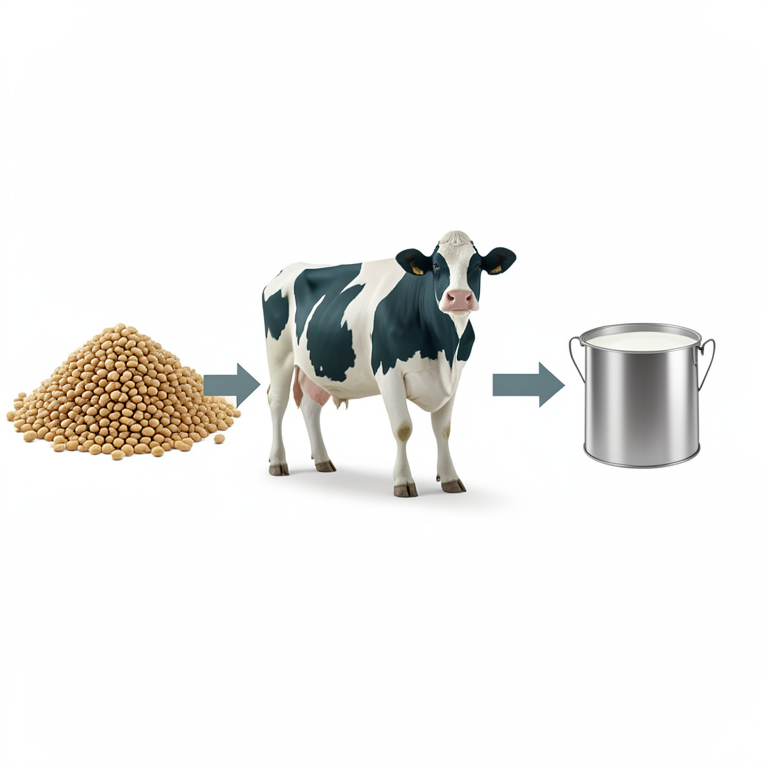 AI-generated conceptual illustration (Holstein Friesian cows and maize-based animal feed). It explains the idea and does not show study data.