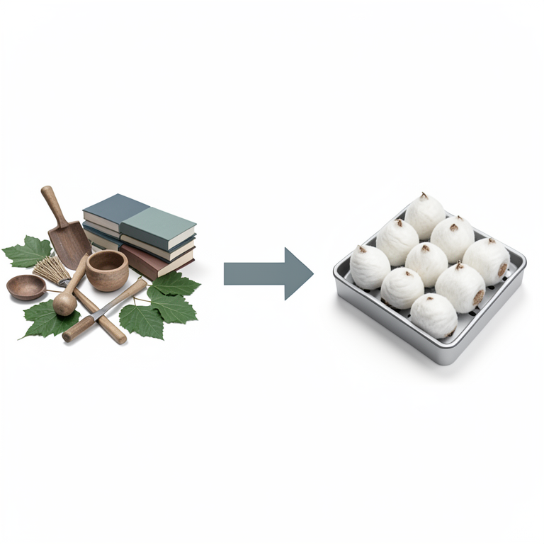 AI-generated conceptual illustration (silkworm cocoons and mulberry leaves). It explains the idea and does not show study data.