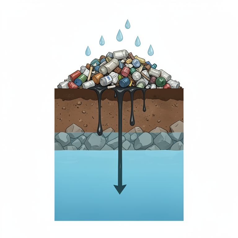 AI-generated conceptual illustration (A municipal solid waste landfill and an underground aquifer). It explains the idea and does not show study data.