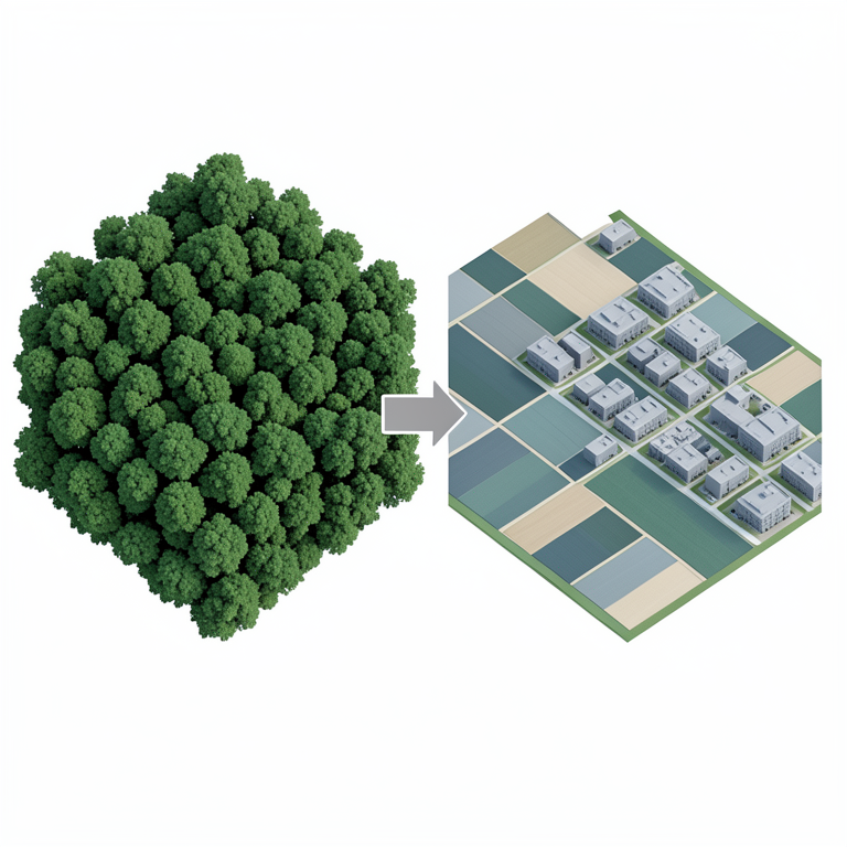 AI-generated conceptual illustration (a mixed landscape of tropical forest, agricultural cropland, and urban settlements). It explains the idea and does not show study data.