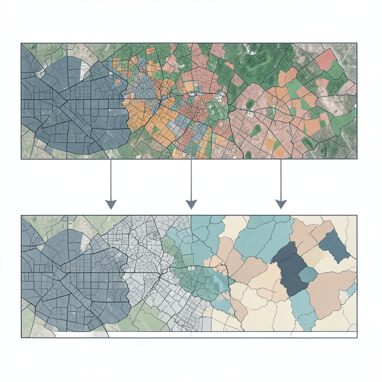 AI-generated conceptual illustration (satellite imagery of a mixed landscape with forests, urban areas, and farmland). It explains the idea and does not show study data.