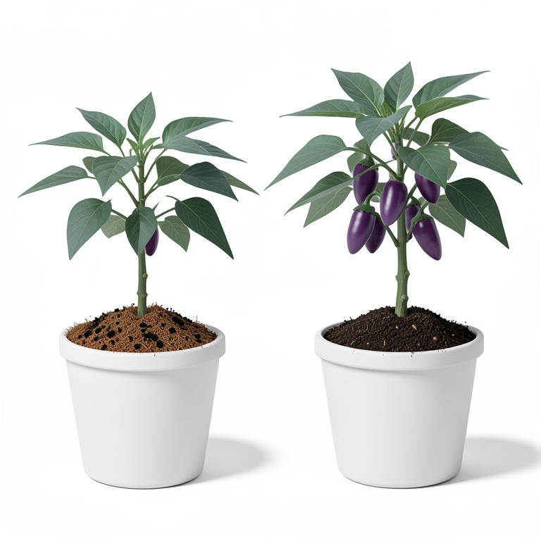 AI-generated conceptual illustration (Brinjal plants (Solanum melongena L.) in soilless cocopeat substrates). It explains the idea and does not show study data.