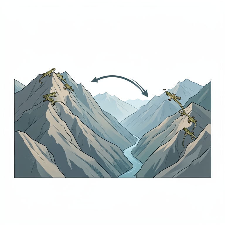 AI-generated conceptual illustration (Gekko gecko (geckos) in a mountainous river valley landscape). It explains the idea and does not show study data.