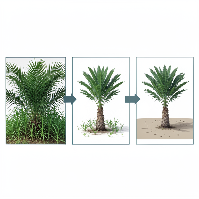 AI-generated conceptual illustration (Oil palm seedlings and surrounding ground weeds). It explains the idea and does not show study data.