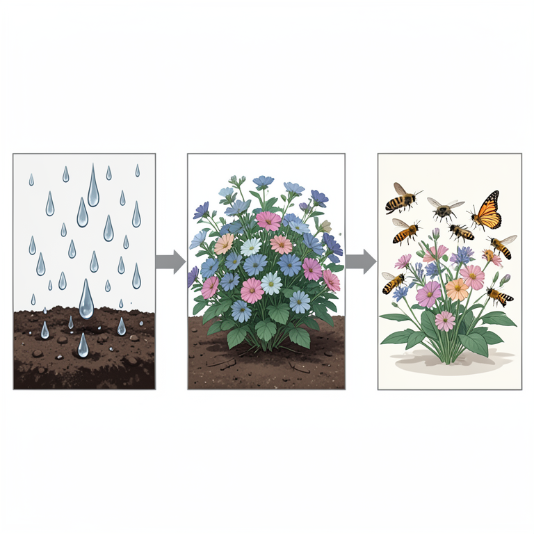 AI-generated conceptual illustration (pollinator insects and flowering plants in a suburban Ethiopian landscape). It explains the idea and does not show study data.