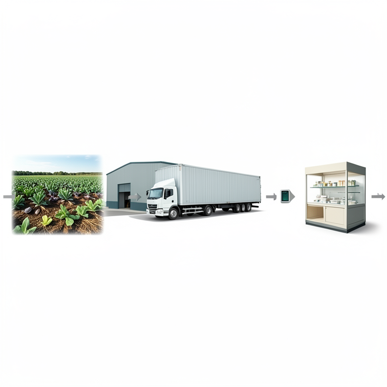 AI-generated conceptual illustration (Fresh produce in a cold chain supply chain). It explains the idea and does not show study data.