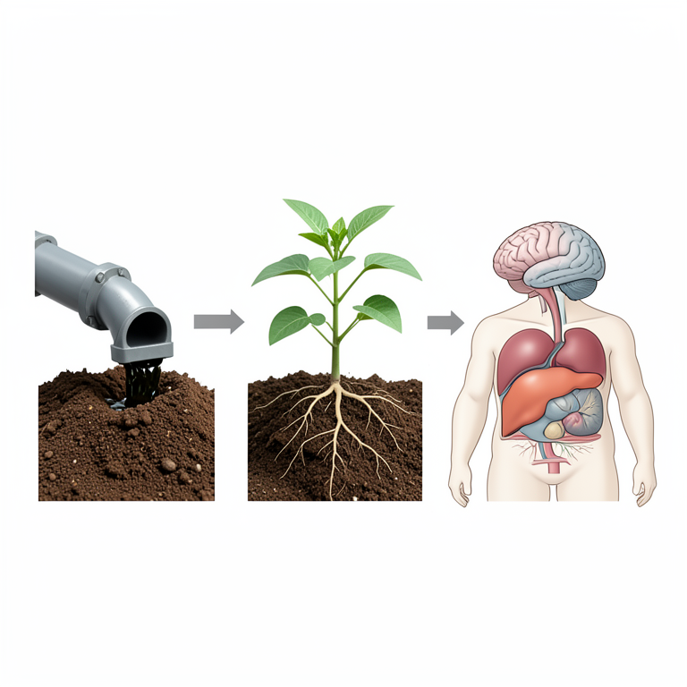 AI-generated conceptual illustration (industrial wastewater, agricultural soil, vegetable plants, and human internal organs). It explains the idea and does not show study data.