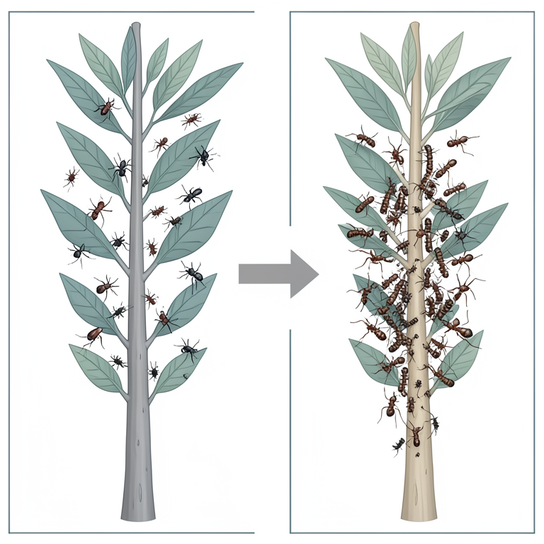 AI-generated conceptual illustration (Tropical perennial crop trees with arthropod communities). It explains the idea and does not show study data.