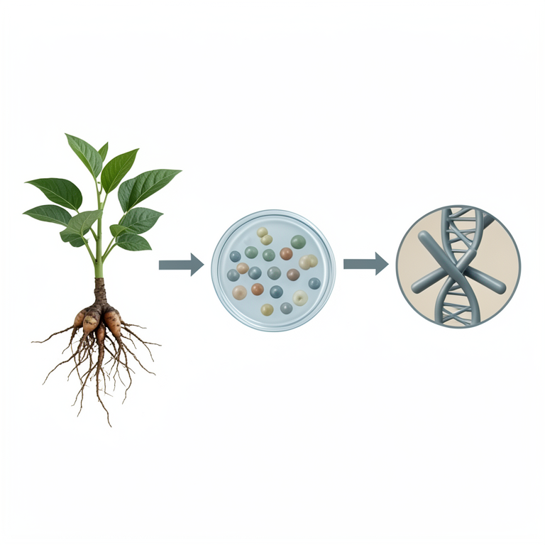 AI-generated conceptual illustration (Clitoria ternatea L. root nodules and isolated bacteria). It explains the idea and does not show study data.