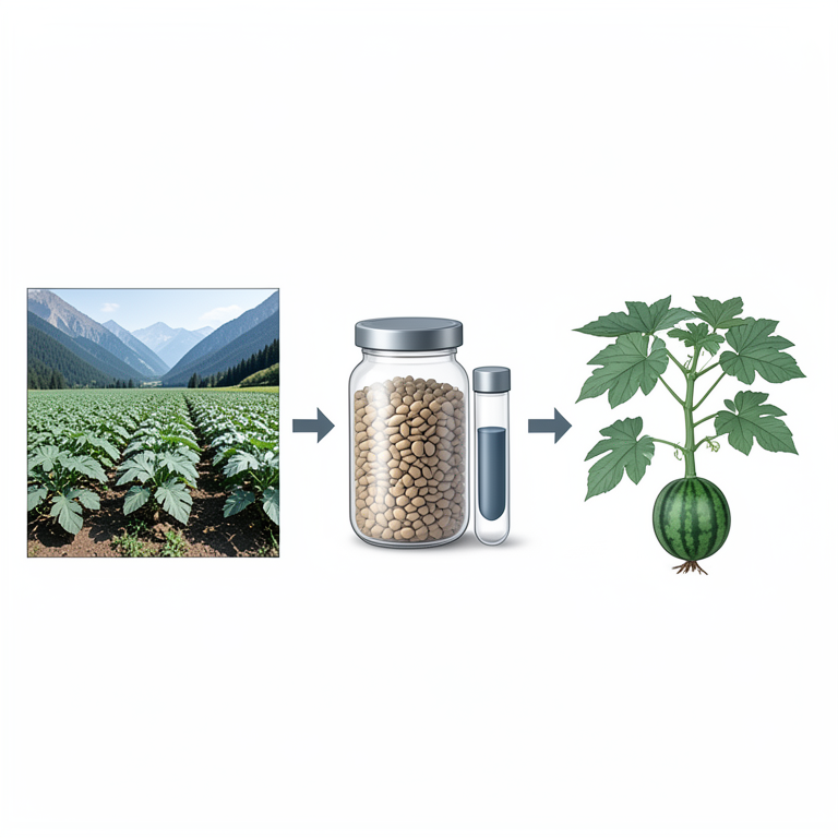 AI-generated conceptual illustration (Watermelon plants (Citrullus lanatus) and seeds). It explains the idea and does not show study data.