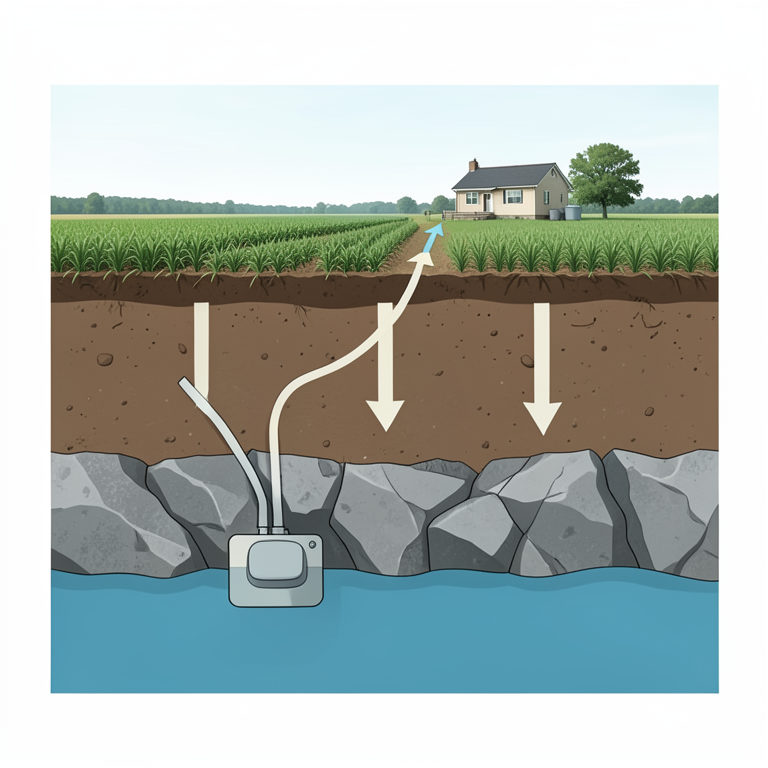 AI-generated conceptual illustration (A cross-section of a rural landscape with soil layers and an underground aquifer). It explains the idea and does not show study data.