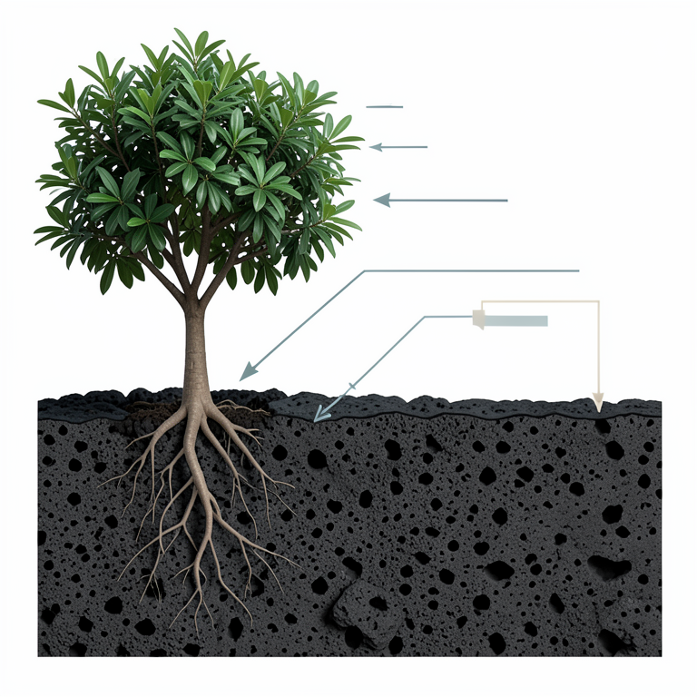 AI-generated conceptual illustration (clove trees growing on volcanic lava fields). It explains the idea and does not show study data.