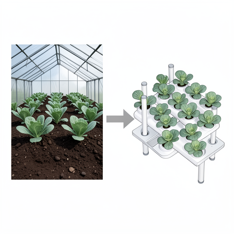AI-generated conceptual illustration (lettuce plants in soil and hydroponic systems). It explains the idea and does not show study data.