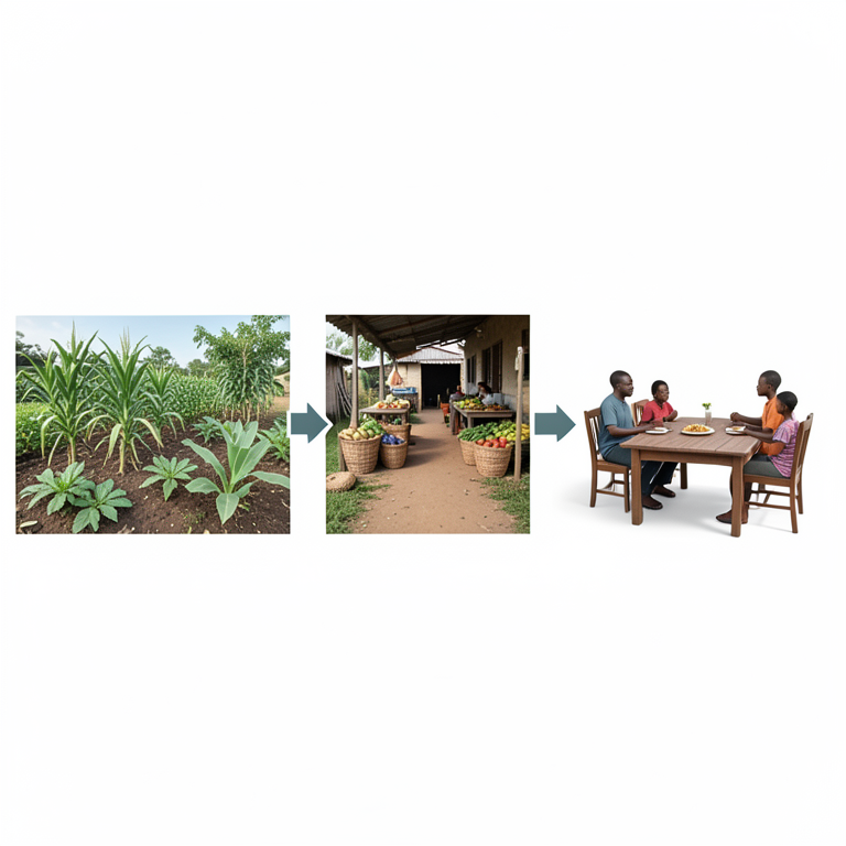 AI-generated conceptual illustration (Small-scale household farms in rural Ghana). It explains the idea and does not show study data.