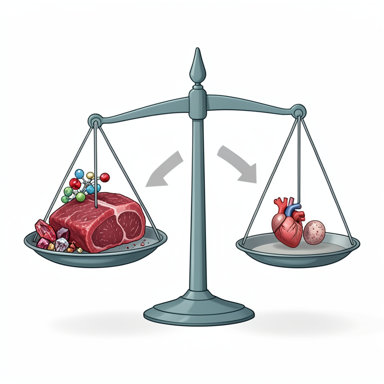 AI-generated conceptual illustration (Red meat (beef and goat meat) and human cardiovascular and cellular organs). It explains the idea and does not show study data.