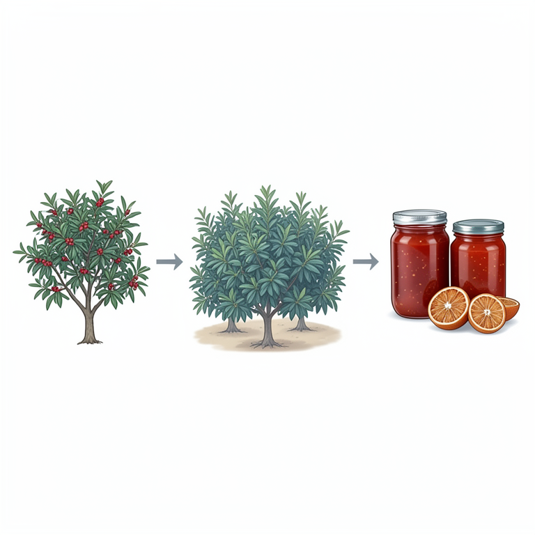 AI-generated conceptual illustration (Carissa carandas (Karonda) plants and processed fruit products). It explains the idea and does not show study data.