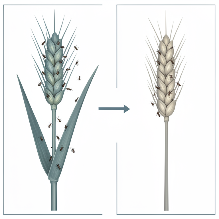 AI-generated conceptual illustration (wheat plants infested with Sitobion avenae aphids). It explains the idea and does not show study data.
