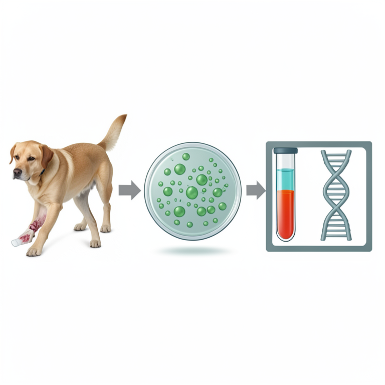AI-generated conceptual illustration (Pseudomonas aeruginosa bacteria from dog wound swabs). It explains the idea and does not show study data.