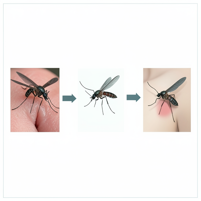 AI-generated conceptual illustration (Aedes aegypti mosquitoes and human skin). It explains the idea and does not show study data.
