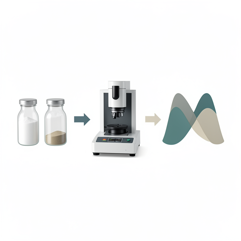 AI-generated conceptual illustration (UV-spectrophotometer and pharmaceutical powder samples). It explains the idea and does not show study data.