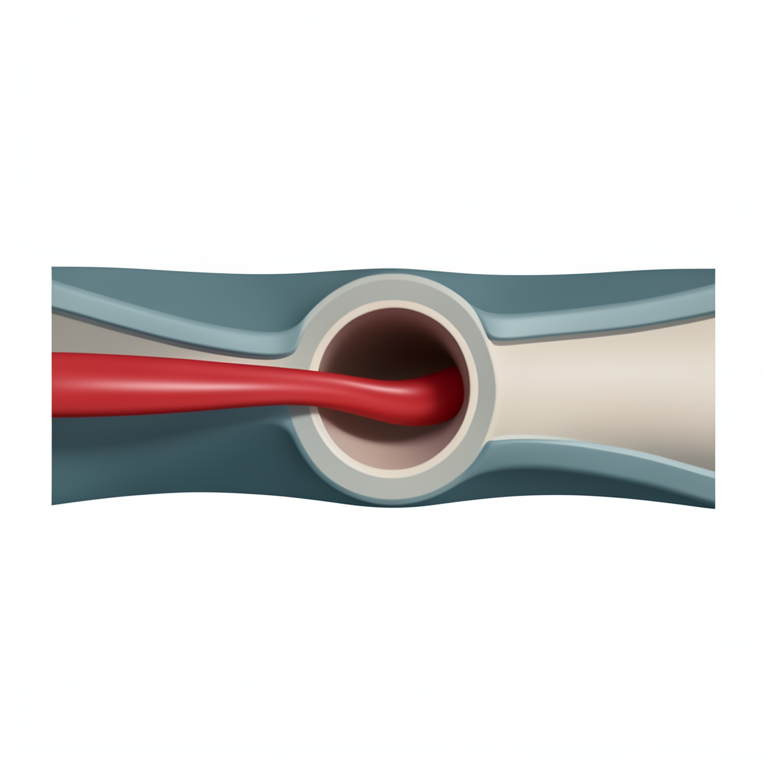 AI-generated conceptual illustration (a human coronary artery with a localized stenosis). It explains the idea and does not show study data.