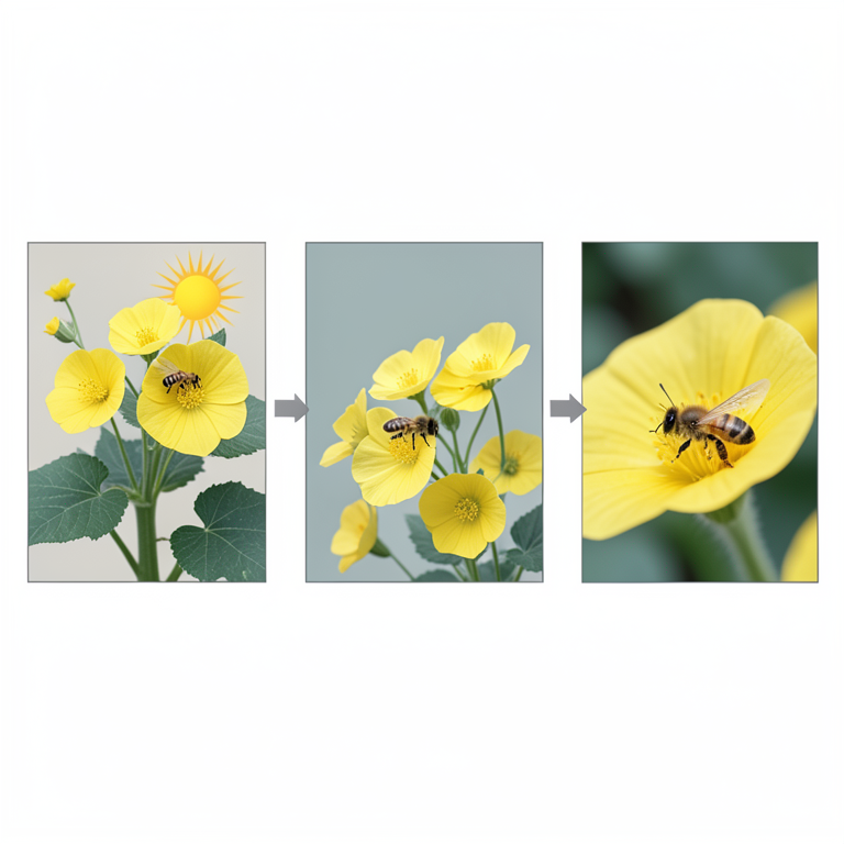AI-generated conceptual illustration (stingless bees and cucurbitaceous crop flowers). It explains the idea and does not show study data.