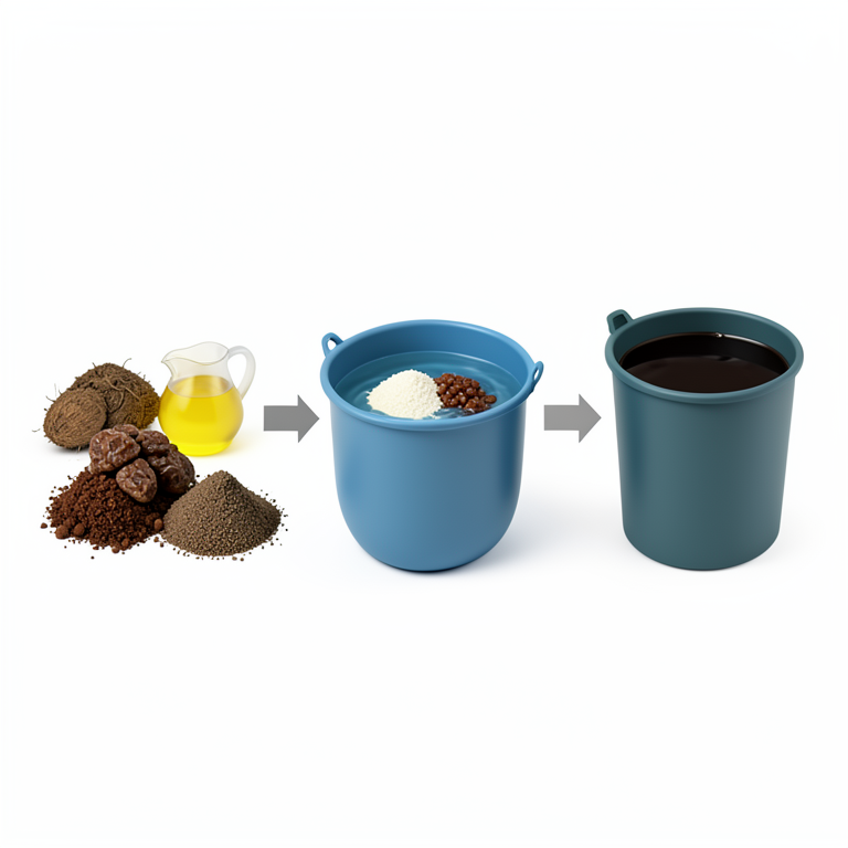 AI-generated conceptual illustration (cow dung, cow urine, jaggery, pulse flour, and soil in a plastic drum). It explains the idea and does not show study data.