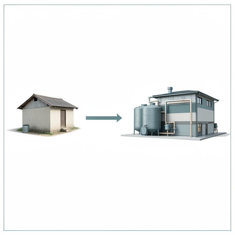 AI-generated conceptual illustration (Rural domestic water infrastructure in a semi-arid village). It explains the idea and does not show study data.
