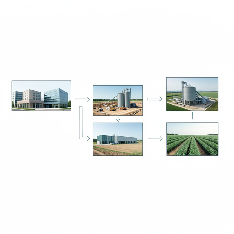 AI-generated conceptual illustration (Agricultural infrastructure and farmland). It explains the idea and does not show study data.