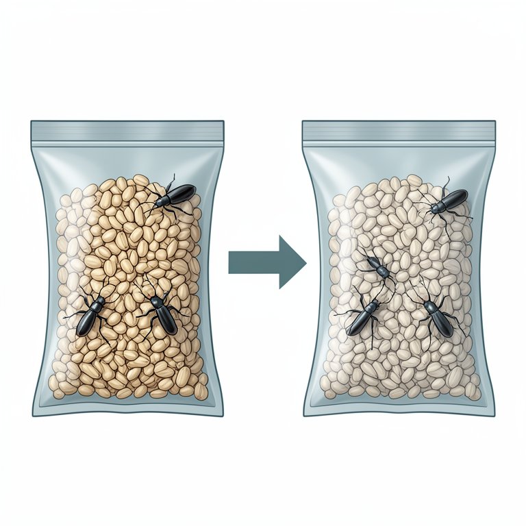 AI-generated conceptual illustration (hermetic plastic bags containing maize grains and Sitophilus granarius weevils). It explains the idea and does not show study data.