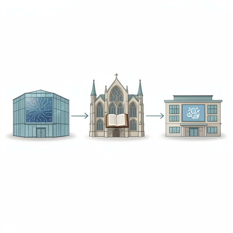 AI-generated conceptual illustration (University library buildings and digital screens). It explains the idea and does not show study data.